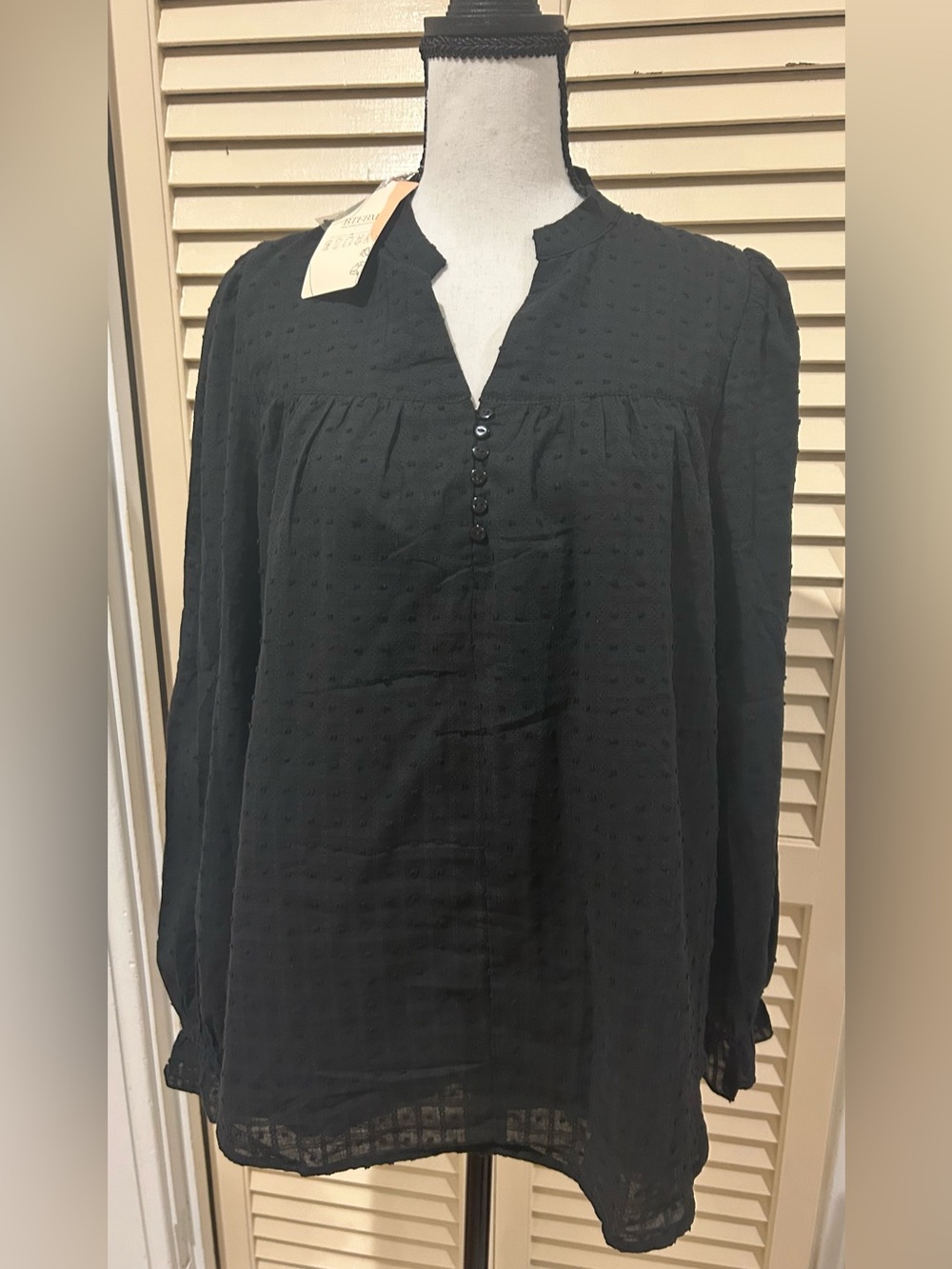 Black Swiss Dot Peasant Blouse size M